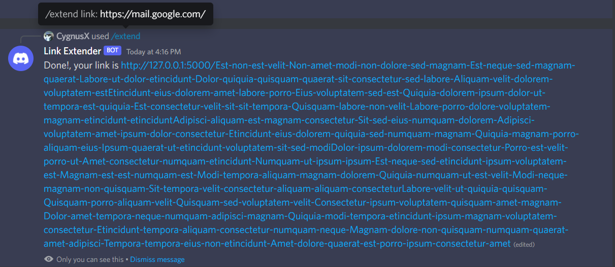 An image of a Discord message showing a really long url. A bunch of lorem ipsum text makes up the long url